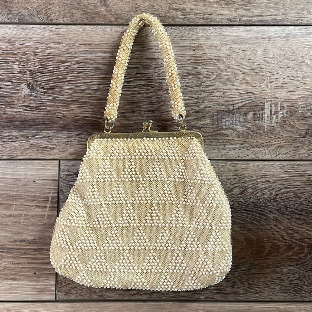 Beaded Evening Bag Purse , Handmade in Hong Kong, Cream Color, Vintage
